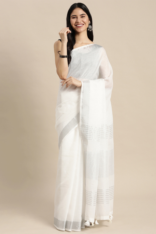 White Linen Saree with Woven Zari Work for New Year