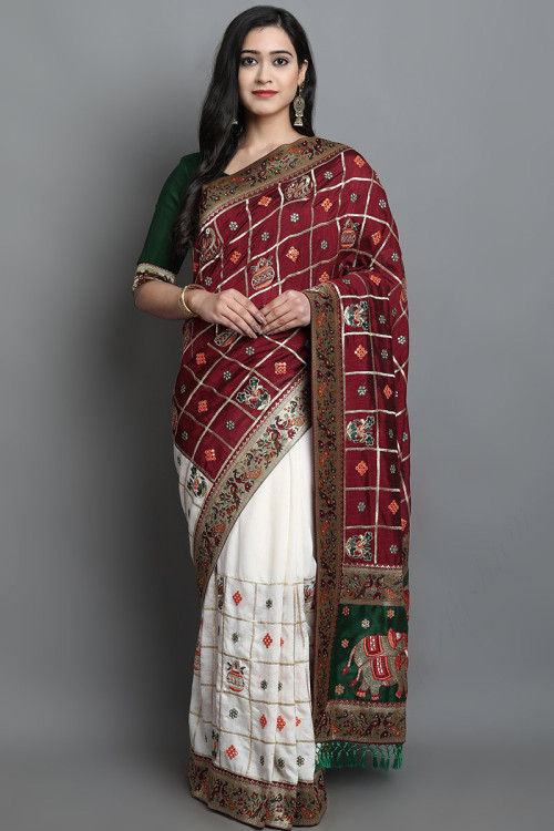 White And Maroon Embroidered Soft Silk Saree