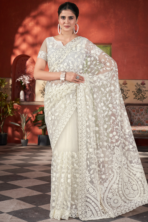 White Net Embroidered Fancy Saree for Festival 