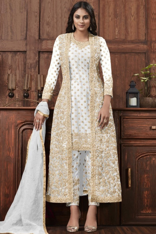 White Net Embroidered Jacket Style Trouser Suit