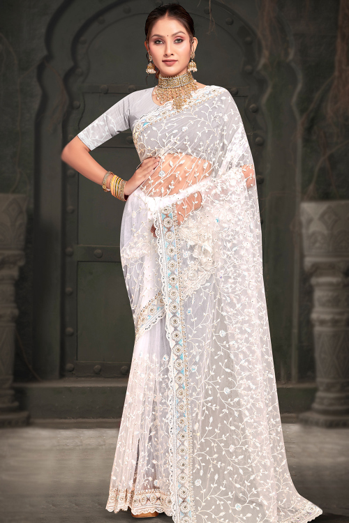 White Net Stone Embellished Light Weight Saree