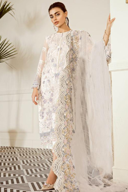 White Net Trouser Pant Suit With Resham Work