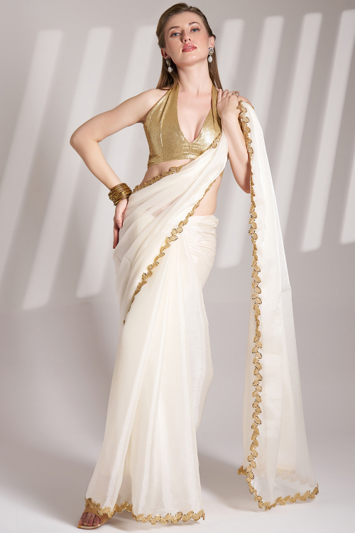 White Organza Embroidered Fancy Saree