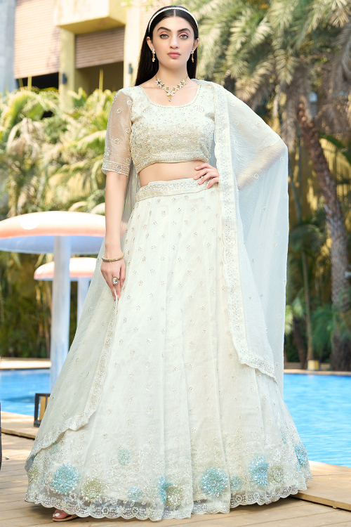 White Organza Lehenga with Sequins Work for Diwali