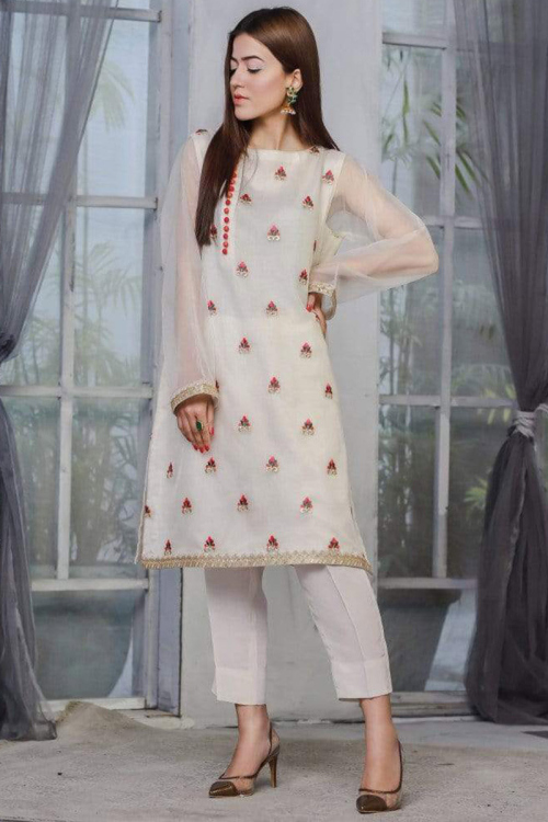 White Organza Resham Work Embroidered Trouser Suit