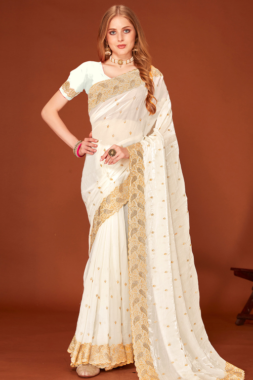 White Organza Silk Embroidered Shimmer Saree For Festival