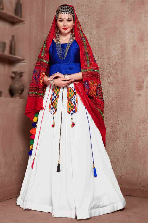 White Patch Embroidered Cotton Silk Flared Lehenga