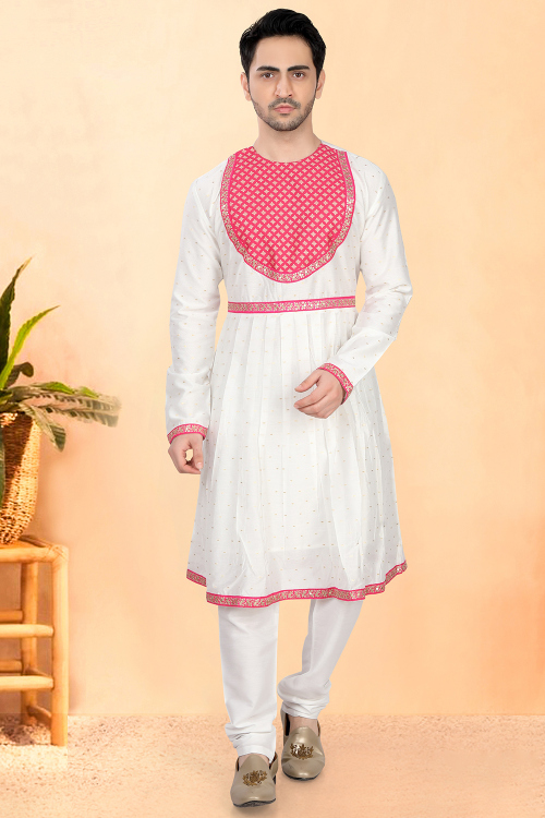 White Peshwai Style Men’s Woven Zari Kurta Churidar
