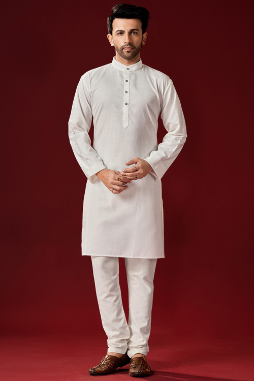 White Plain Cotton Straight Cut Men's Kurta Pajama