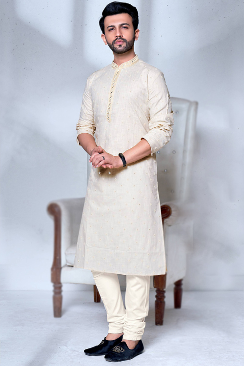 White Poly Cotton Embroidered Men's Straight Cut Kurta Churidar