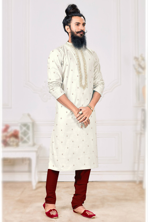 Buy White Poly Cotton Embroidered Kurta Pajama Online for Men in USA