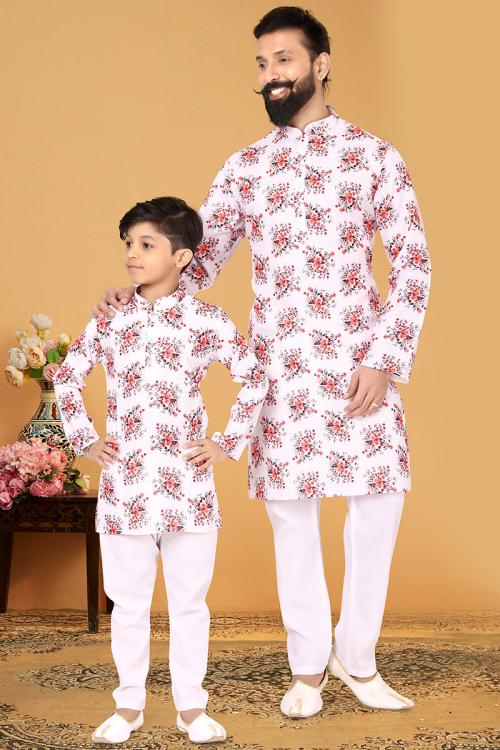 Floral Printed White Cotton Father Son Kurta With Churidar