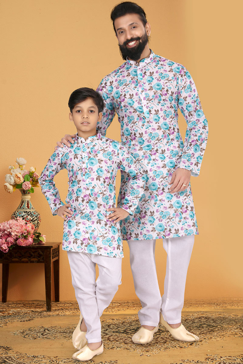 Floral Printed White Cotton Father Son Kurta Pajama