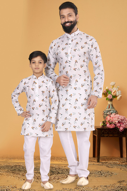 Leaf Printed White Cotton Father Son Kurta Pajama