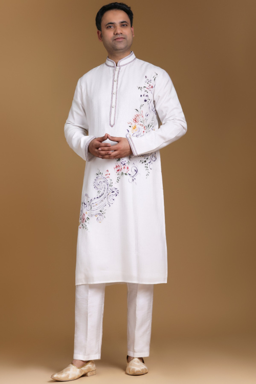 White Printed Cotton Men&#039;s Straight Cut Kurta Pajama