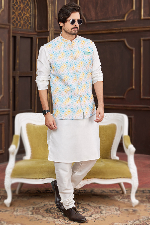 White Printed Jacket Art Silk Men's Kurta With Churidar 