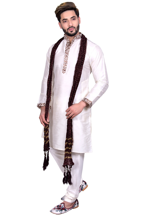 White Silk Kurta Pajama With Stole