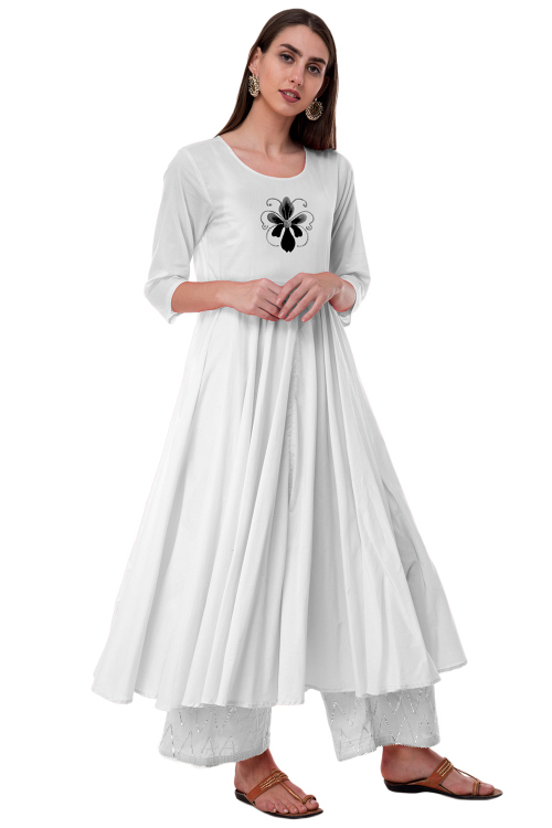 White Rayon Embroidered Anarkali Style Suit