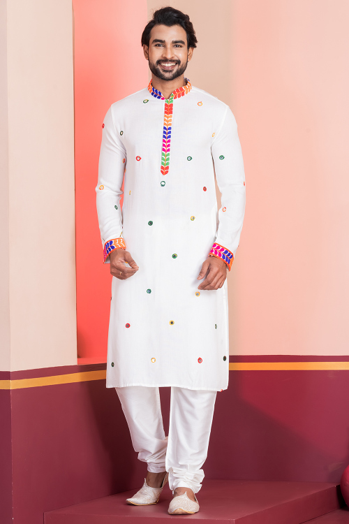 White Rayon Embroidered Men's Straight Cut Kurta Churidar