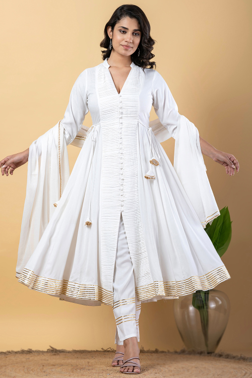 White Rayon Gota Patti Front Slit Anarkali Suit