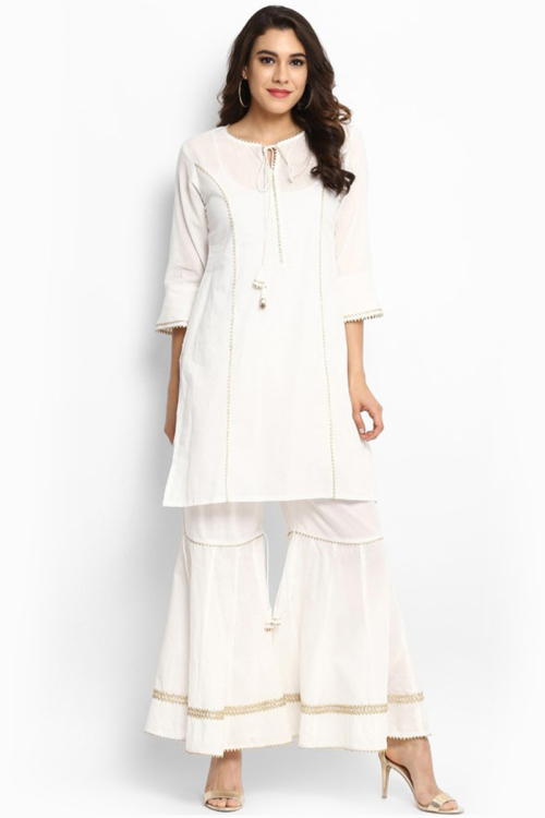 White Rayon Kurti With Sharara Pant
