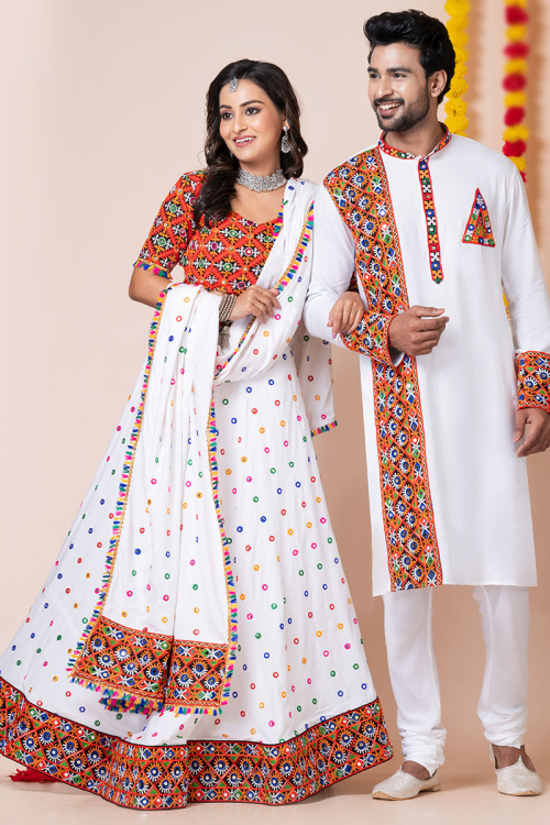 White Rayon Mirror Embroidered Couple's Outfit 
