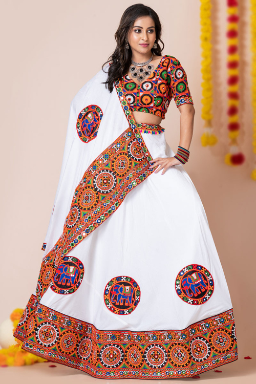White Rayon Patch Embroidered A-Line Style Lehenga