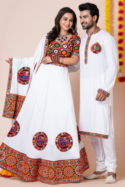 White Rayon Patch Embroidered Couple's Outfit 