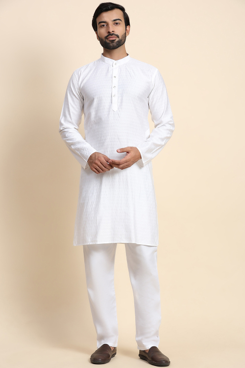 White Rayon Weaved Thread Straight Cut Men's Kurta Pajama 