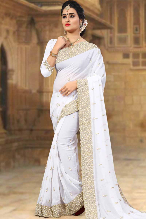 White Georgette Saree With Georgette Blouse