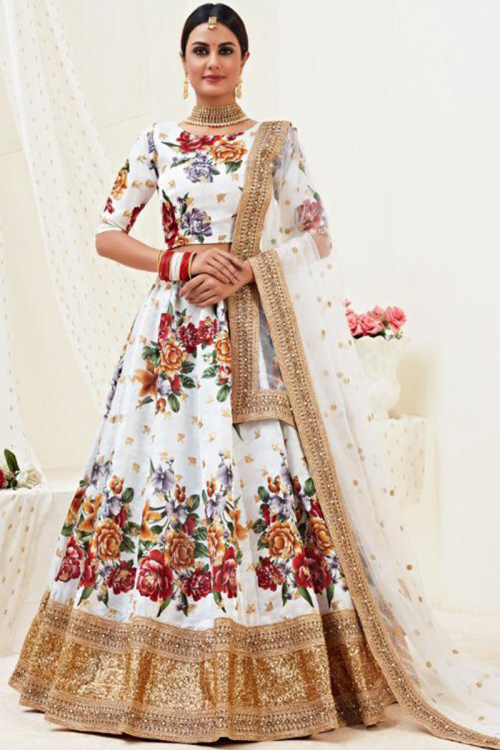 White Satin Embroidered Lehenga Choli