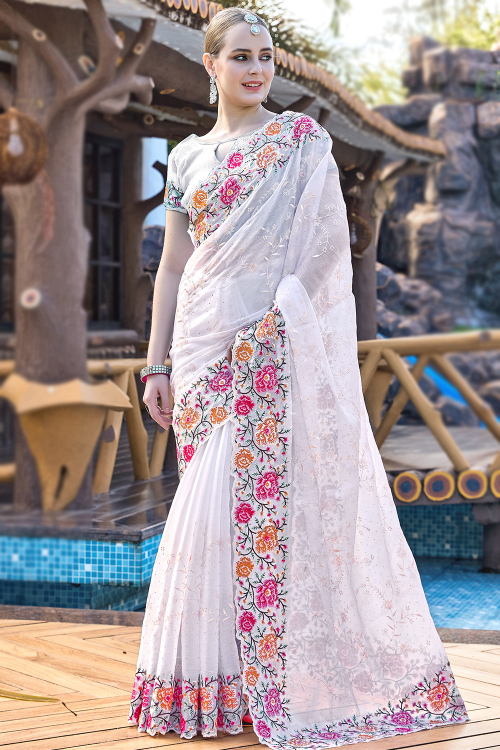 White Shimmer Chiffon Resham Thread Embroidered Saree