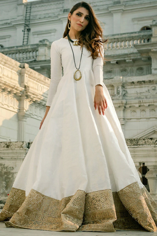 slim fit dress slacks White and Gold Anarkali Set M