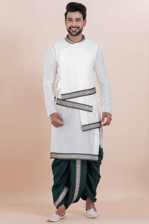 White Silk Blend Embroidered Men's Kurta With Dhoti