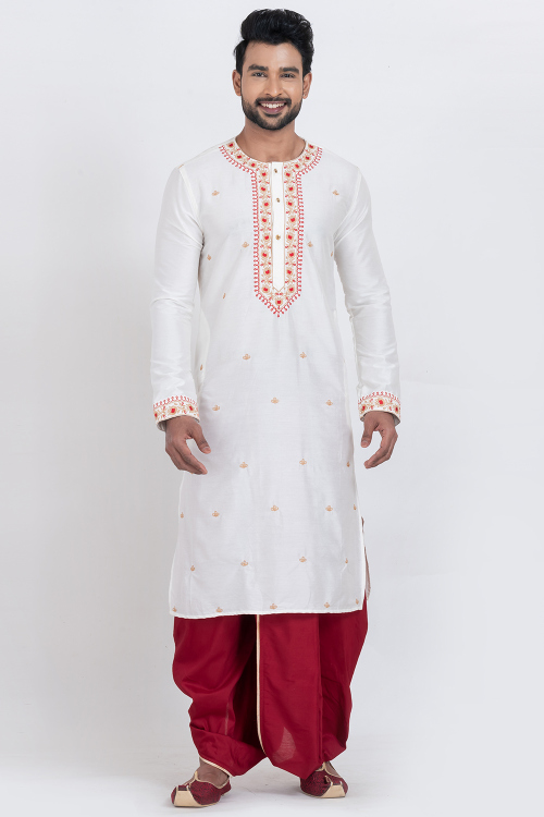 White Silk Blend Embroidered Men's Kurta With Dhoti