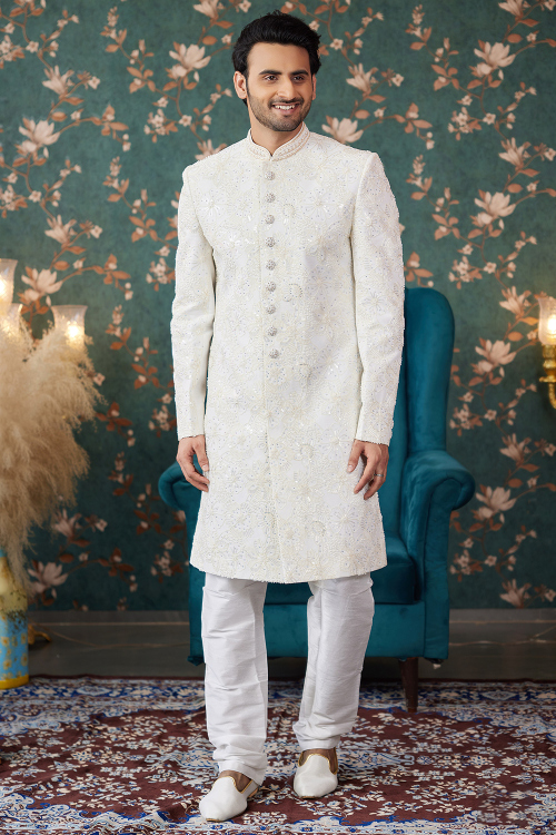 White Silk Blend Embroidered Straight Cut Men's Sherwani