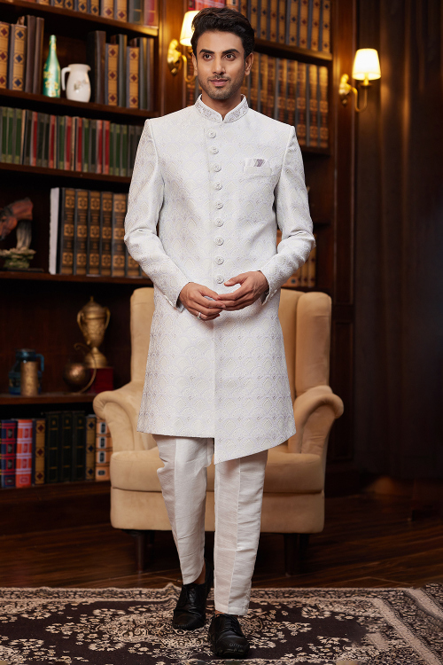 White Silk Blend Embroidered Straight Cut Men's Sherwani