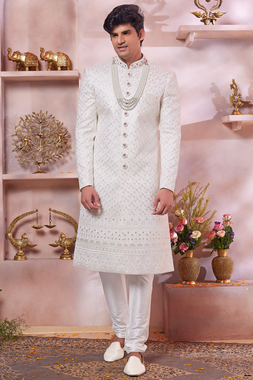 White Silk Blend Men's Sherwani with Embroidered for Wedding