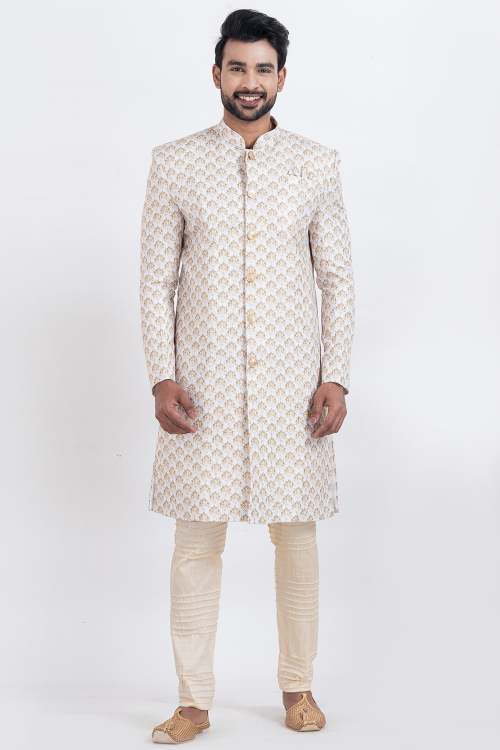 White Silk Blend Men's Sherwani with Printed Work for Diwali Wear