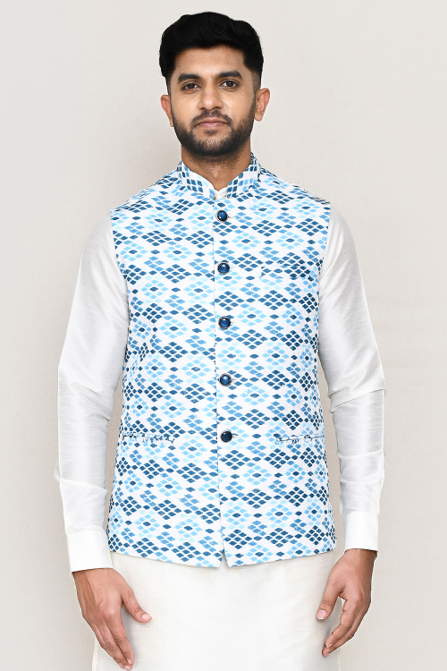 White Silk Blend Printed Men's Waist Coat 