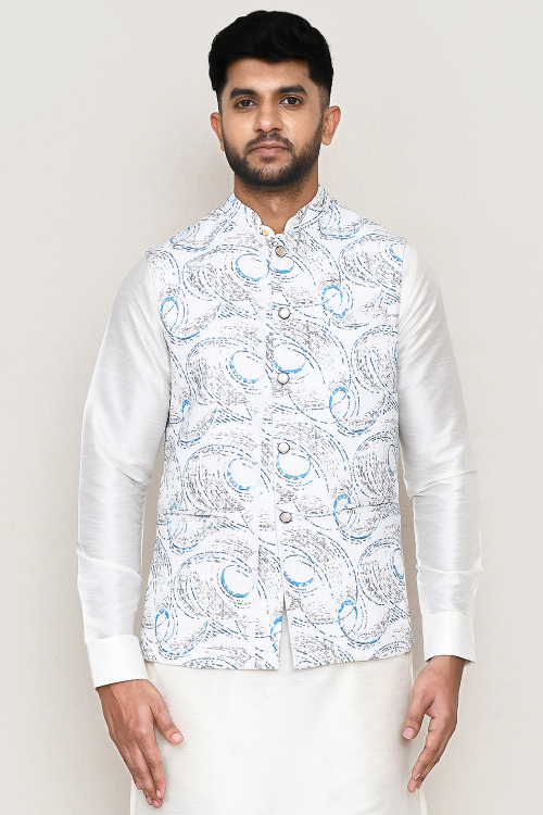 White Silk Blend Printed Men's Waist Coat 