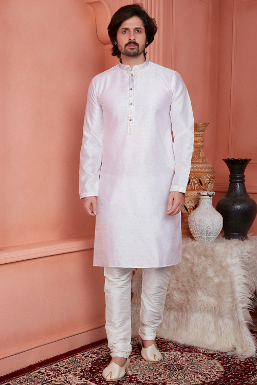 White Silk Blend Weaved Men's Kurta With Churidar