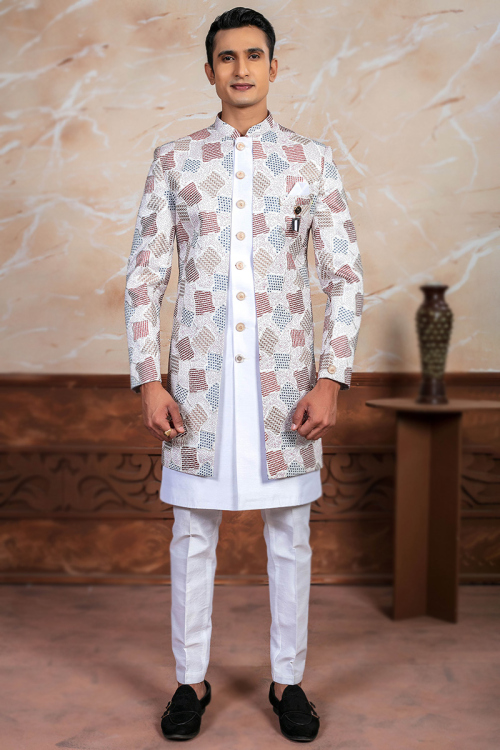 White Silk Embroidered Jacket Style Men's Sherwani For Sangeet