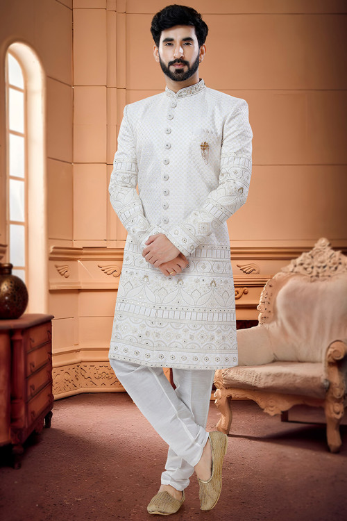 Party Wear Zari Embroidered Men Sherwani in Silk White