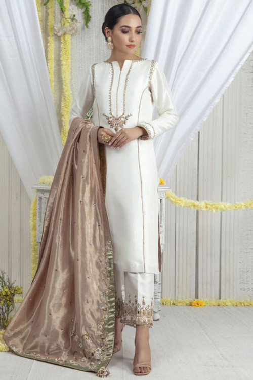 Trouser Suit for Party Wear in Silk White with Zardosi embroidery