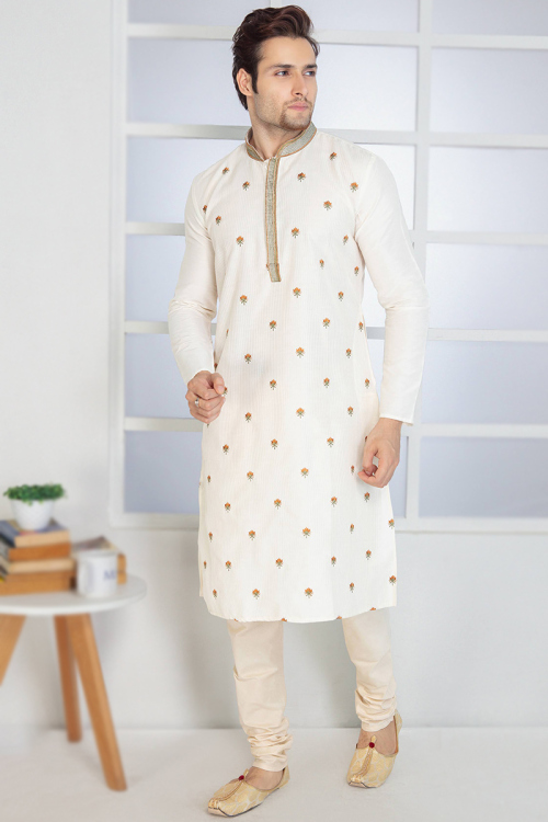 White Silk Embroidered straight Cut Men's Kurta Churidar