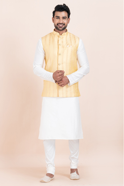 White Silk Jacket Style Men's Churidar Kurta