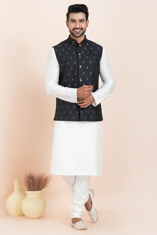 White Silk Jacket Style Men's Churidar Kurta