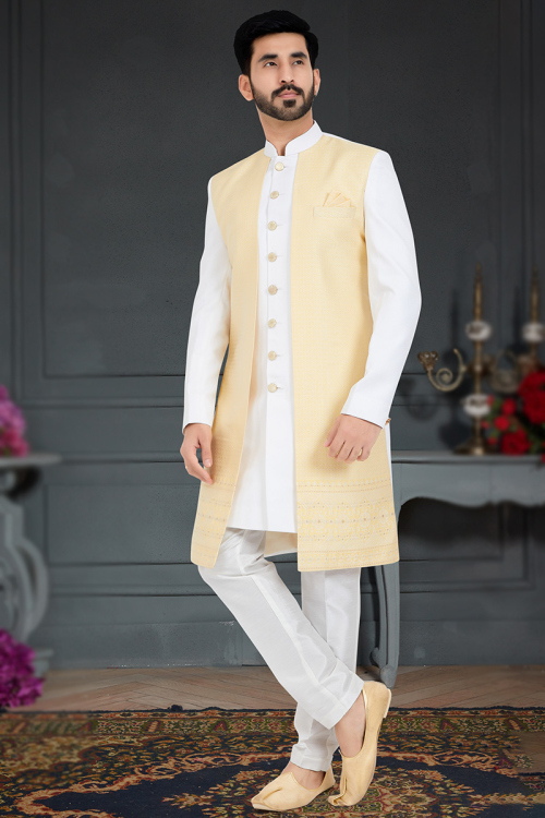 White Silk Men's Jacket Style Sherwani