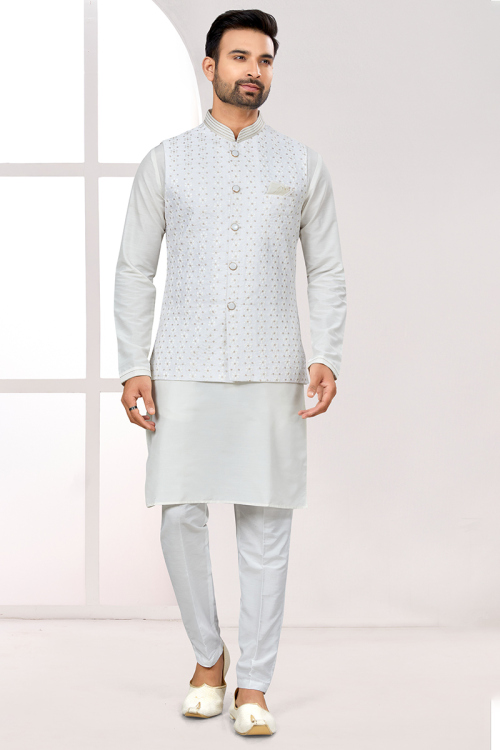 Silver White Silk Men's Kurta Pajama With Waistcoat